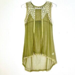 Aratta Silent Journey olive green sheer mesh tunic top size large